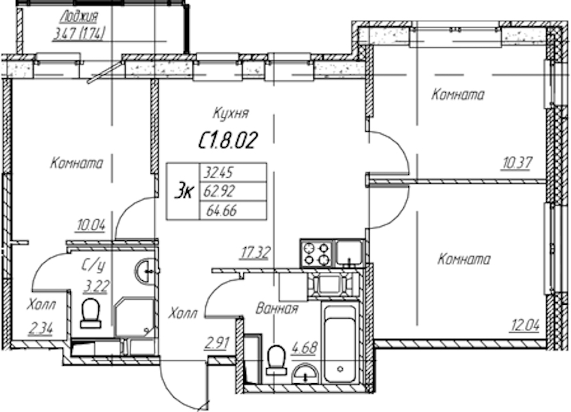 2-комнатная квартира 64.66 м², 9/22 эт., ЖК «Парк-квартал Юнтолово»